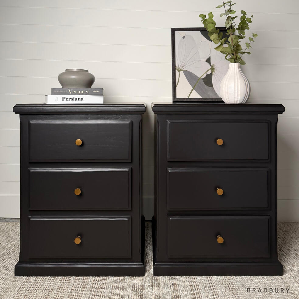 "Oak nightstands, finished in Caviar"